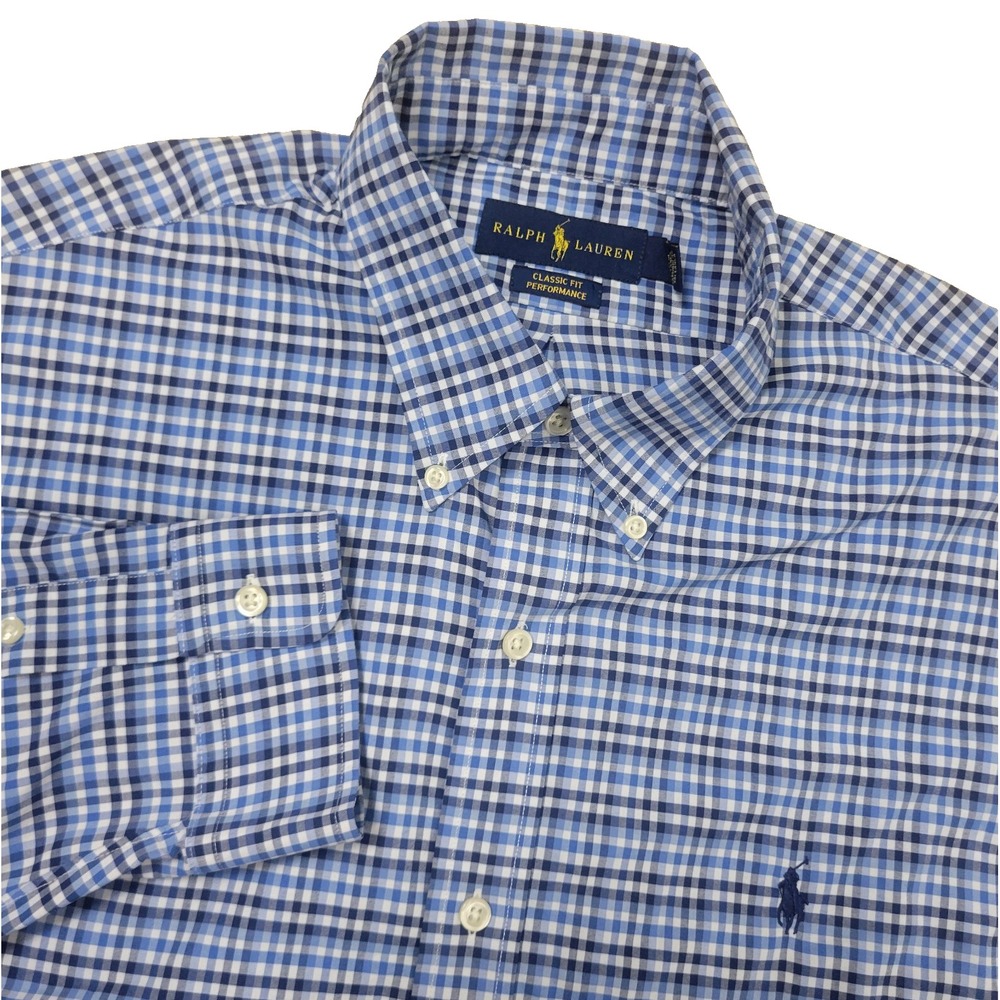 Ralph Lauren Classic Fit Performance Mens XL Blue Plaid Pony Button Down